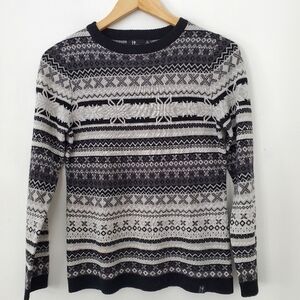 NEVE Fair Isle Merino Wool Blend Ski Sweater Sz M Black Gray Ski Scandic Winter